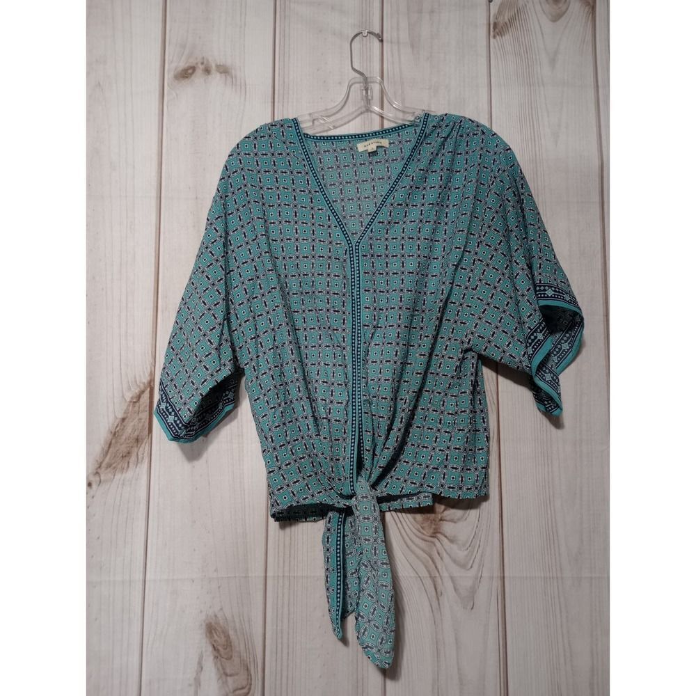 Max Studio Teal Geometric Medallion Tie Front V-Neck Kimono Sleeve Blouse‎ Large